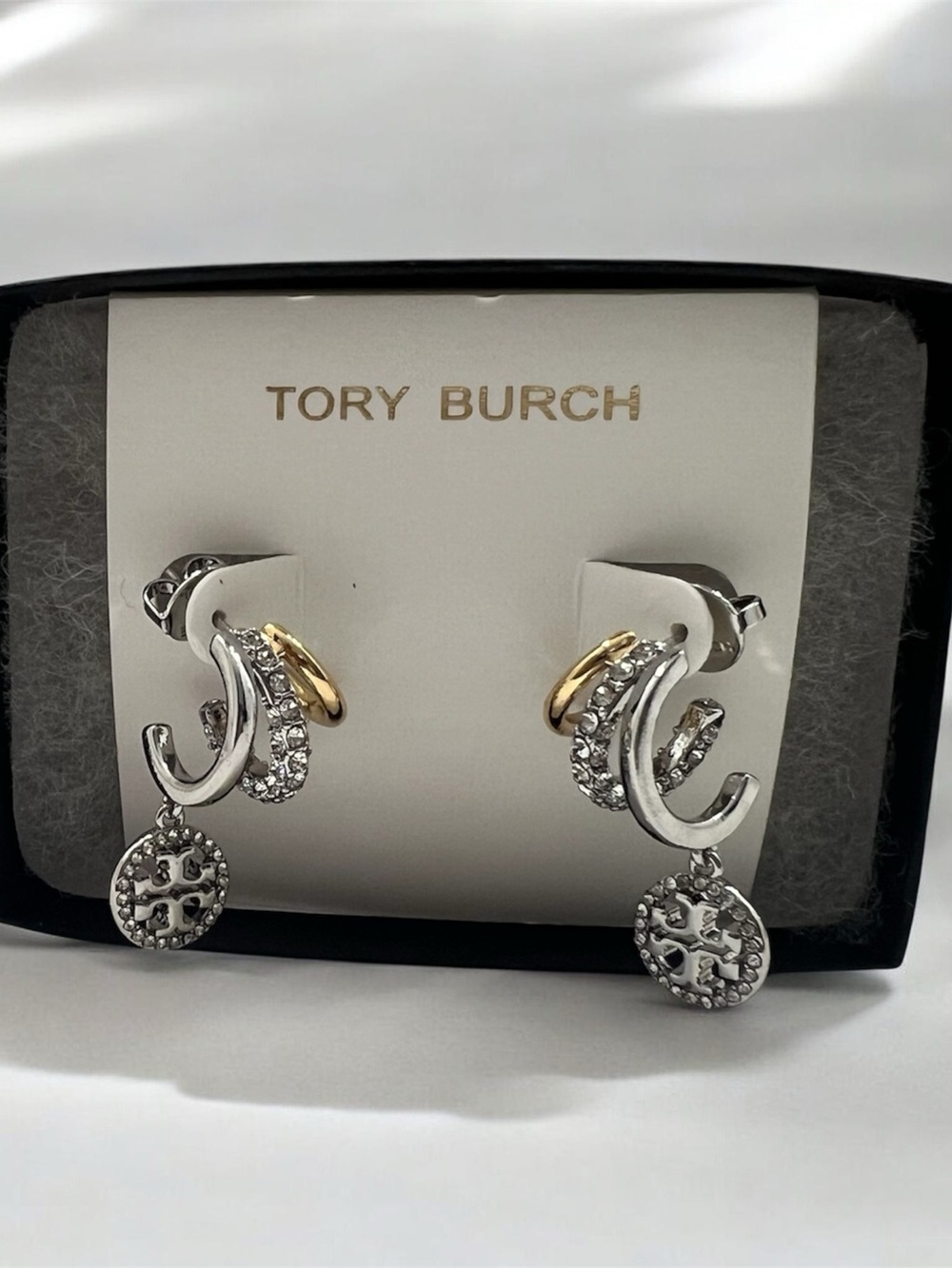 Tory Burch Two-Tone Silver & Gold Crystal Logo Drop Earrings